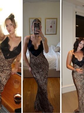 Ronny Kobo Malo Lace Trim Leopard Slip Dress Maxi Cheetah